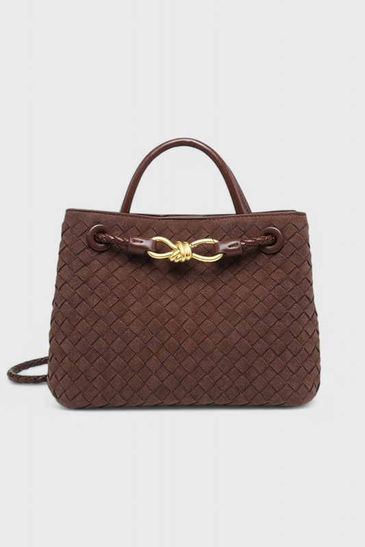 Bolso de mujer marrón elegante con efecto ante, tejido y correa ajustable