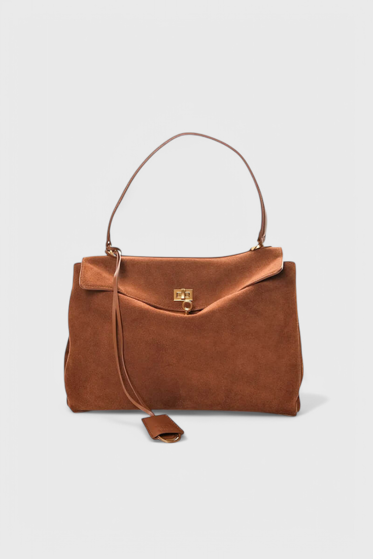Bolso de hombro para mujer en marrón con efecto ante, bolso elegante de cuero vegano