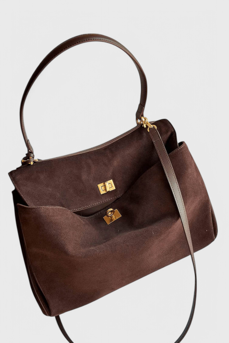 Bolso de hombro para mujer en marrón con efecto ante, bolso elegante de cuero vegano
