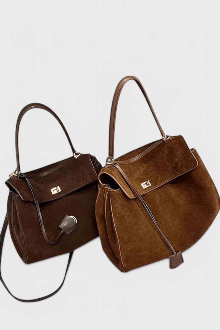 Bolso de hombro para mujer en marrón con efecto ante, bolso elegante de cuero vegano