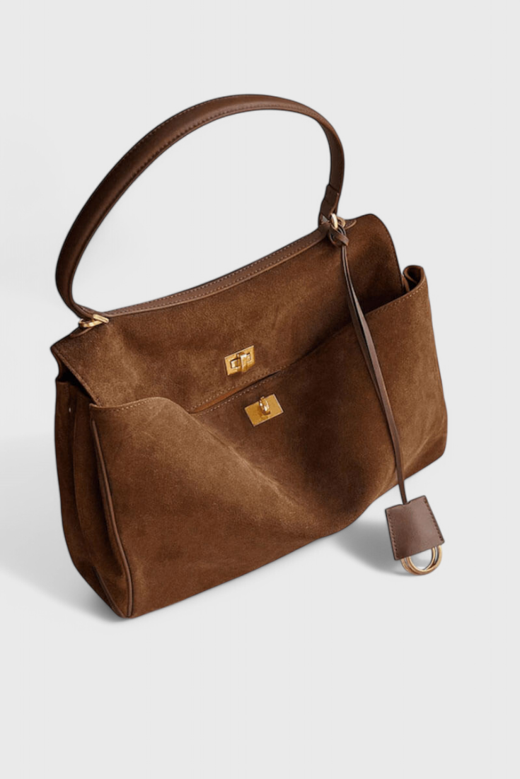 Bolso de hombro para mujer en marrón con efecto ante, bolso elegante de cuero vegano