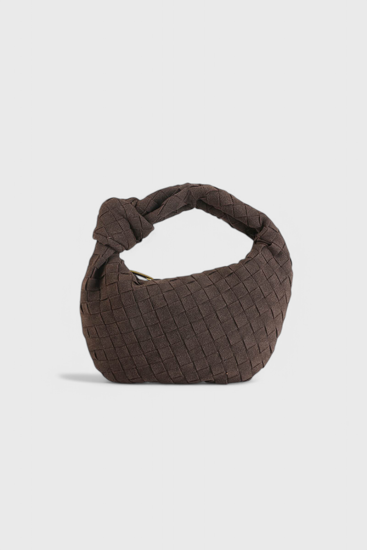 Bolso mini para mujer en marrón elegante, compacto con tejido efecto ante y detalle de nudo