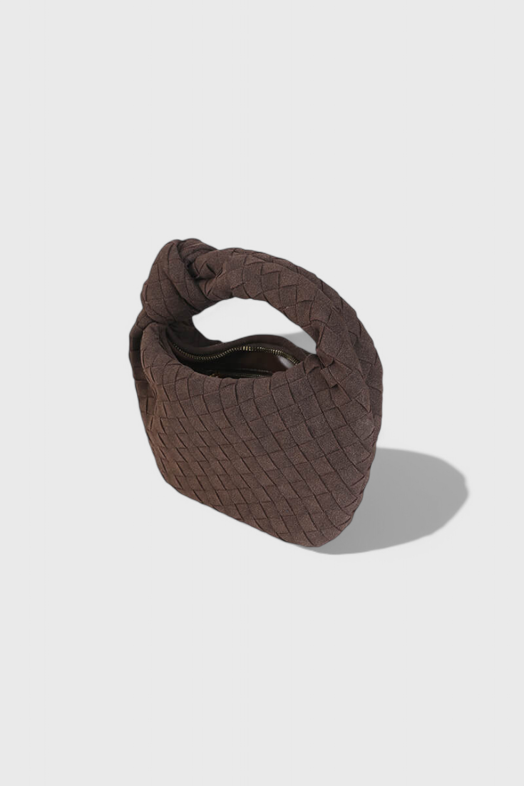 Bolso mini para mujer en marrón elegante, compacto con tejido efecto ante y detalle de nudo