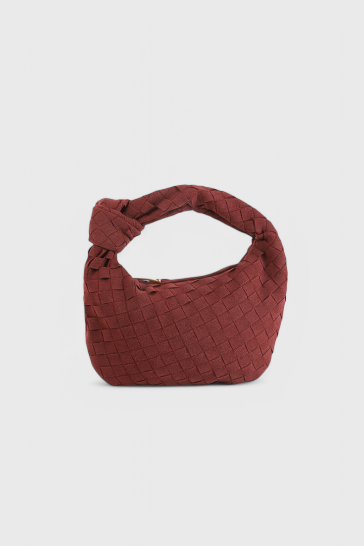 Bolso mini para mujer en marrón elegante, compacto con tejido efecto ante y detalle de nudo