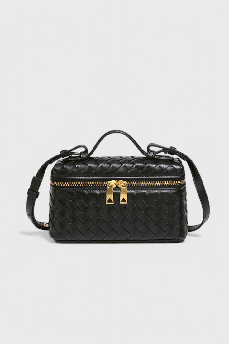 Bolso Mini Negro para Mujer - Elegante y Compacto, Cuero Vegano Tejido con Detalles Dorados