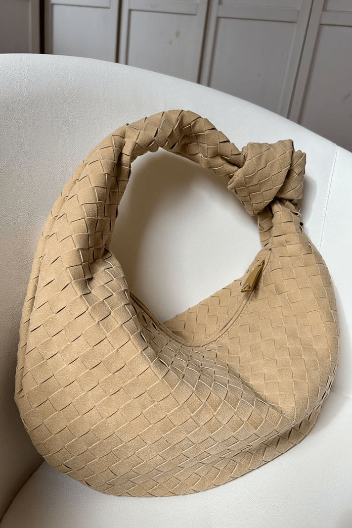 Bolso tejido para mujer beige, tamaño mediano, elegante con nudo moderno