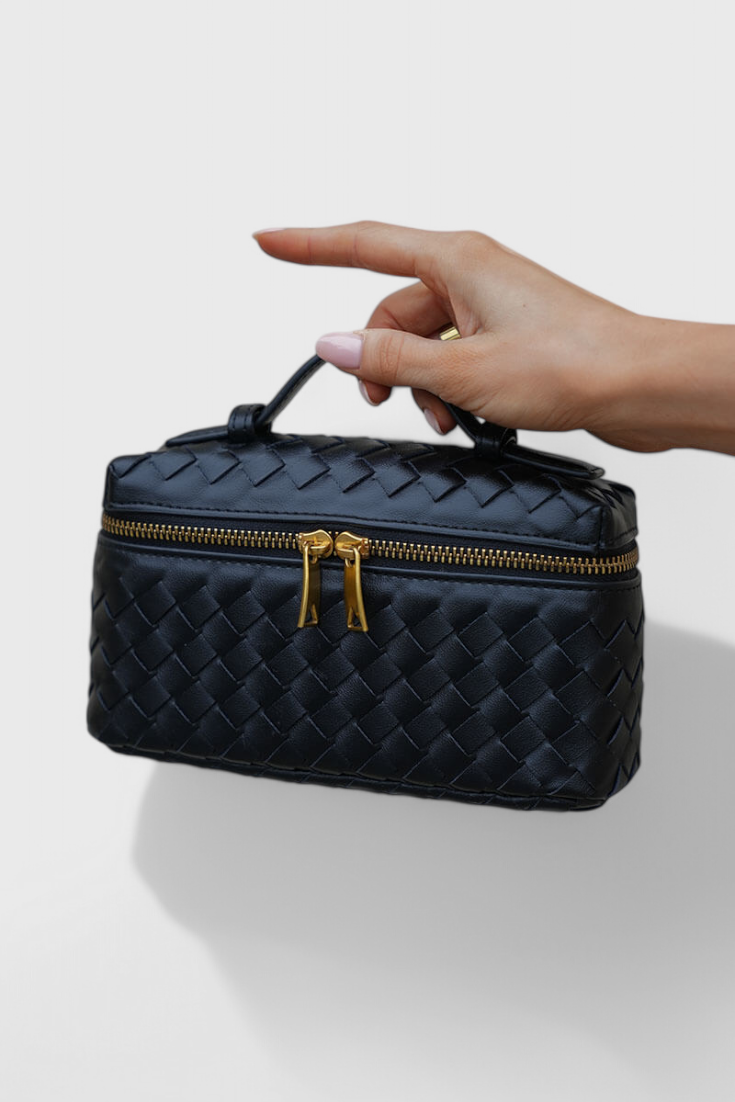 Bolso Mini Negro para Mujer - Elegante y Compacto, Cuero Vegano Tejido con Detalles Dorados
