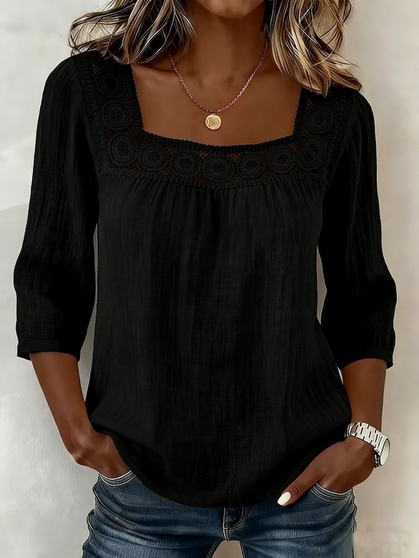 Blusa para mujer en algodón y lino con encaje elegante