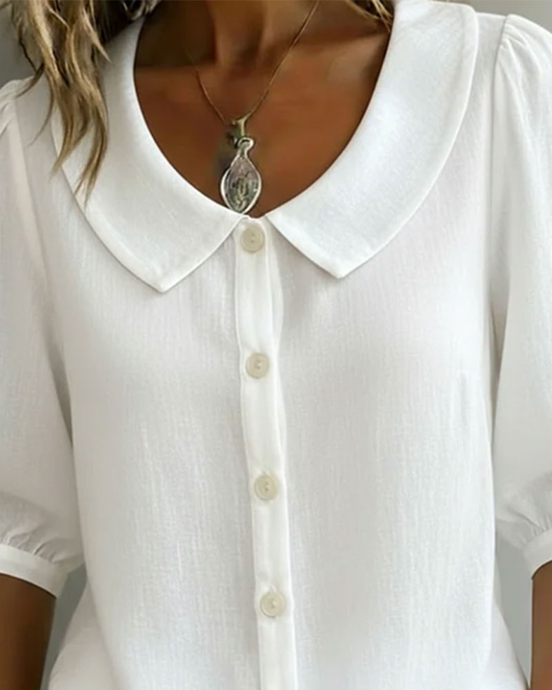 Camisa de algodón para mujer con cuello Peter Pan, elegante y mangas fluidas