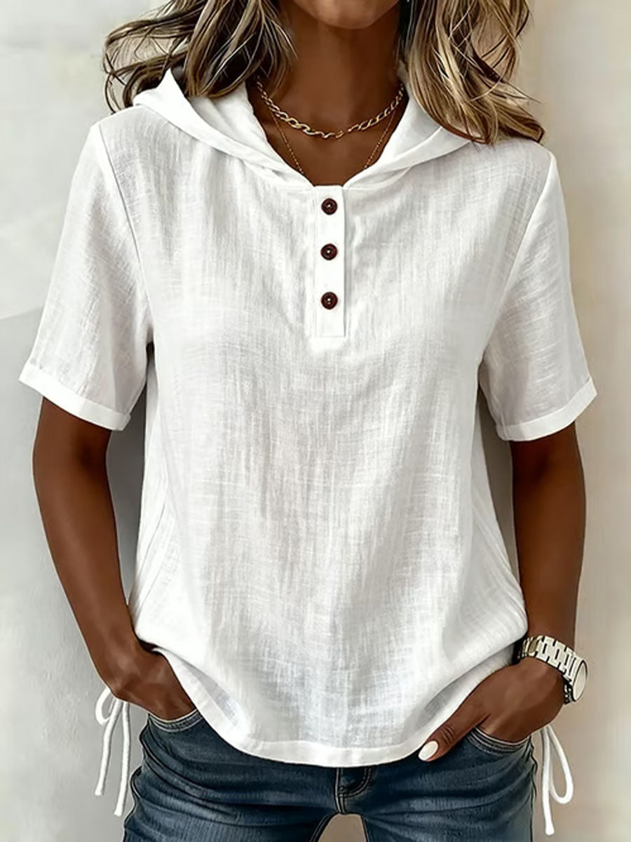 Top de mujer con capucha y botones, de manga corta — casual y cómodo para el verano