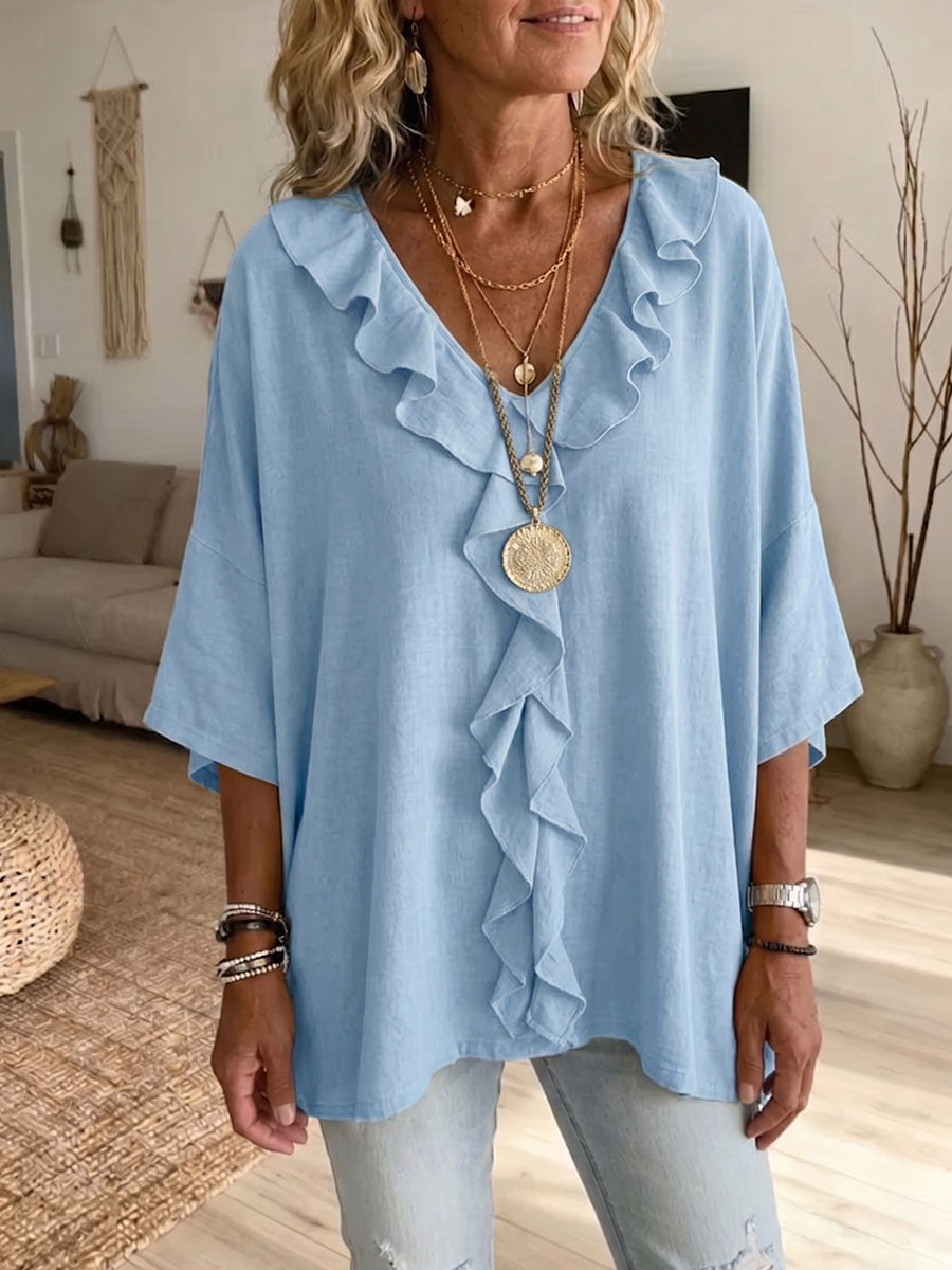 Blusa de Mujer en Algodón y Lino con Volantes — Corte Holgado y Escote en V