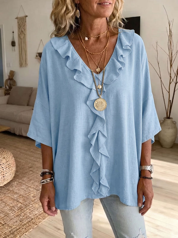 Blusa de Mujer en Algodón y Lino con Volantes — Corte Holgado y Escote en V