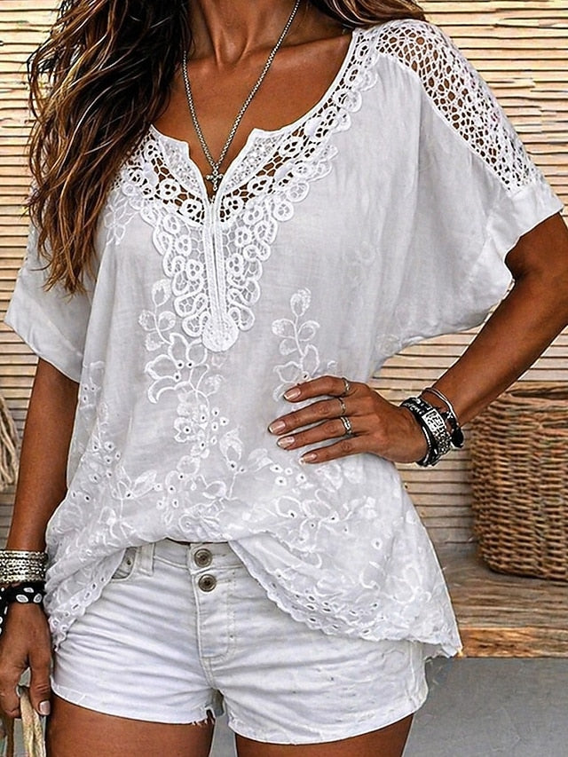 Blusa para mujer con delicado encaje bordado y escote en V, elegante y favorecedora