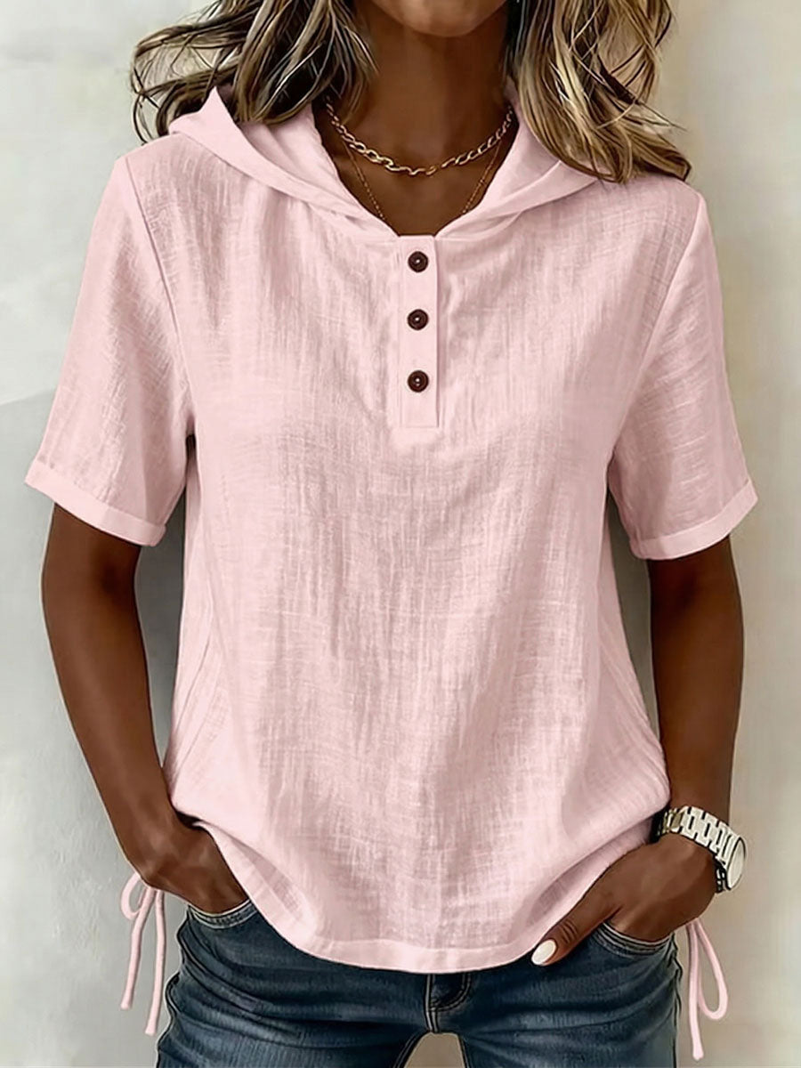 Top de mujer con capucha y botones, de manga corta — casual y cómodo para el verano