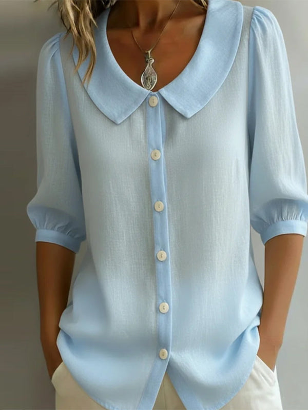 Camisa de algodón para mujer con cuello Peter Pan, elegante y mangas fluidas