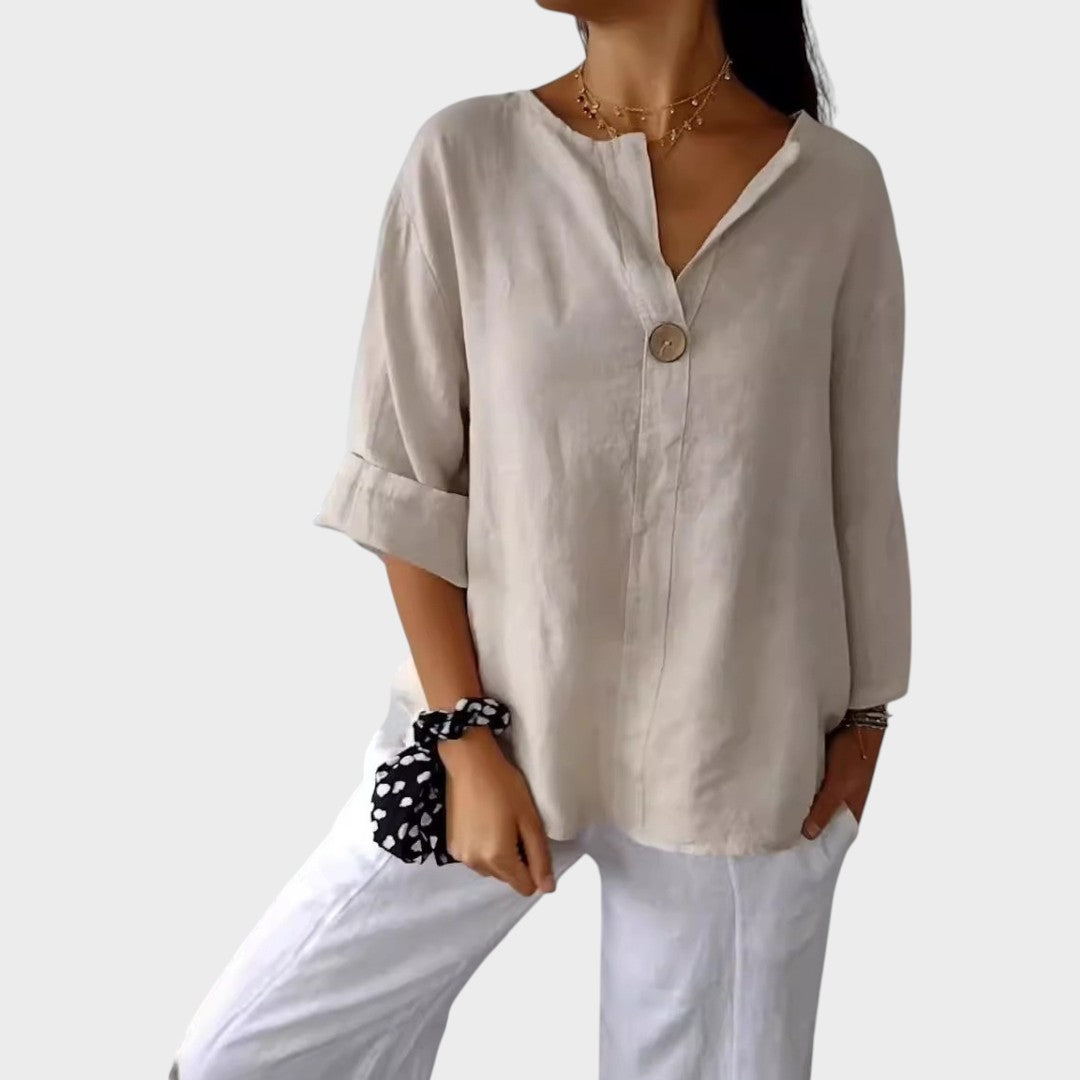 Blusa de Lino para Mujer con Escote en V – Camisa Casual y Elegante