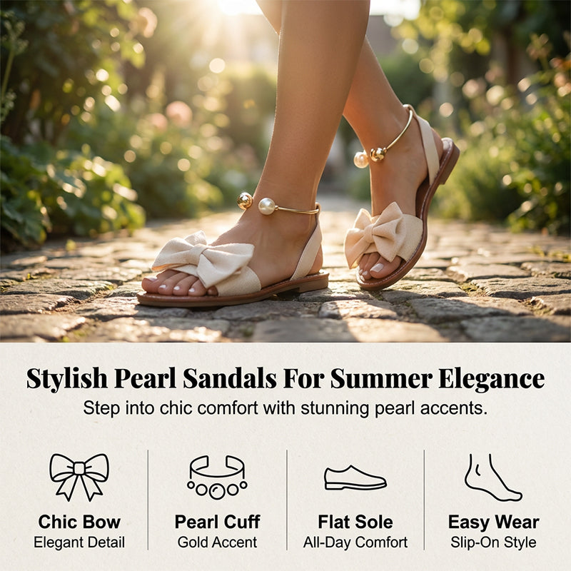 Sandalias planas para mujer con lazo decorativo y perlas elegantes