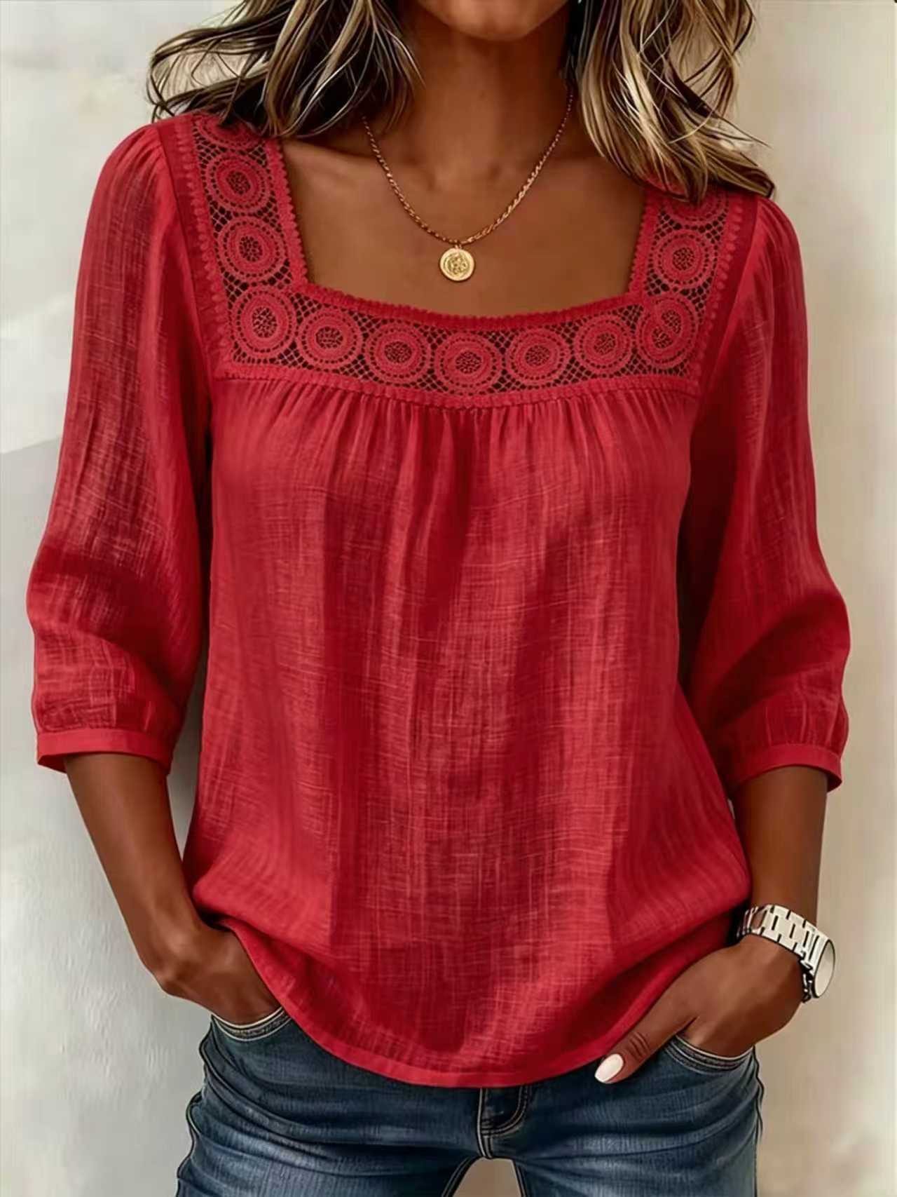 Blusa para mujer en algodón y lino con encaje elegante