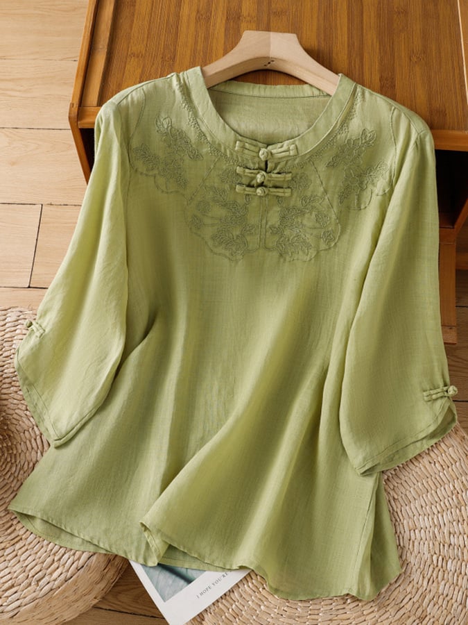 Blusa para mujer de algodón y lino con bordado floral – cómoda y elegante