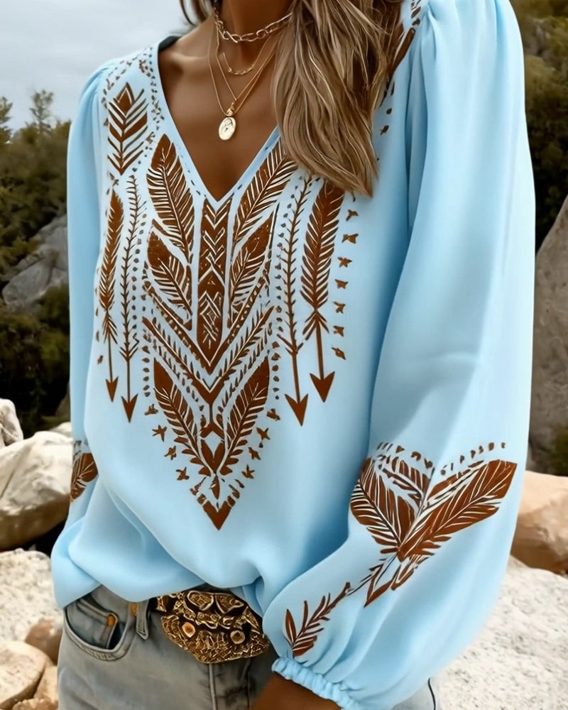 Blusa bohemía para mujer con escote en V y estampado étnico — estilo boho chic
