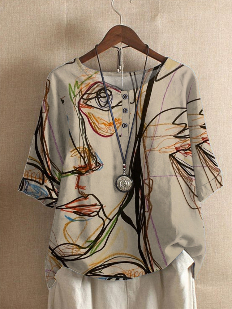 Camiseta para mujer con estampado abstracto artístico, estilo casual