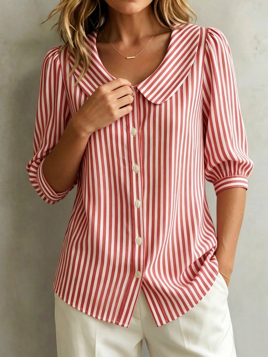 Blusa mujer a rayas verticales, cuello redondo, botones frontales y mangas 3/4 abullonadas — elegante