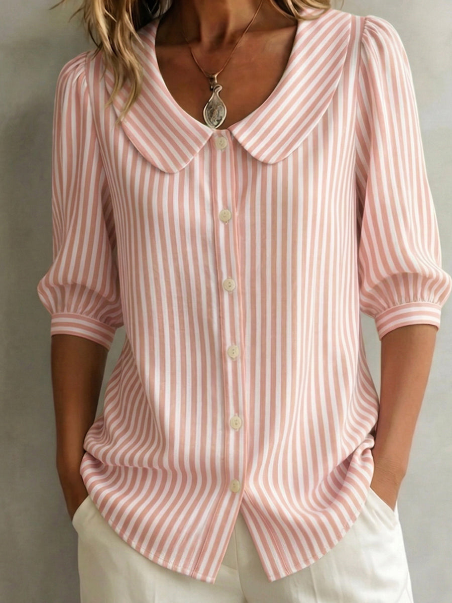 Blusa mujer a rayas verticales, cuello redondo, botones frontales y mangas 3/4 abullonadas — elegante