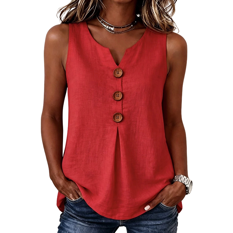 Blusa sin mangas de poliéster y elastano con botones - estilo casual para verano